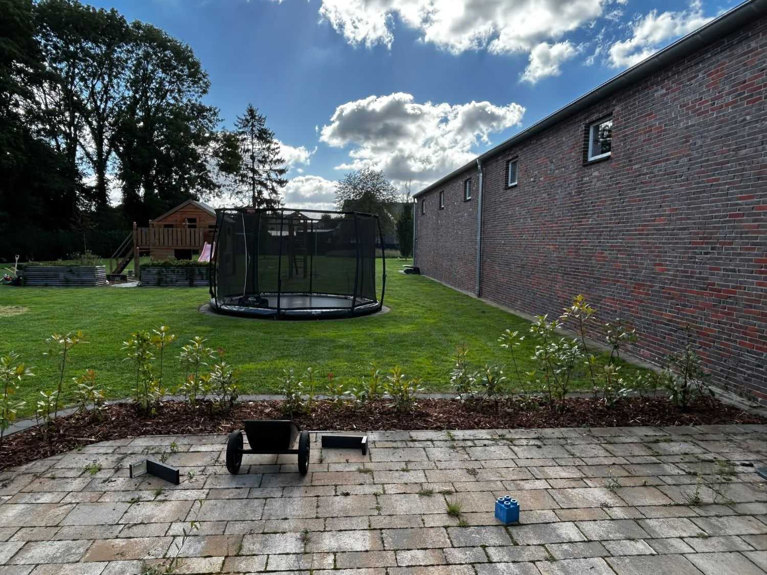 Neu gepflanzte, gemulchte Hecke zwischen Terrasse und Rasen